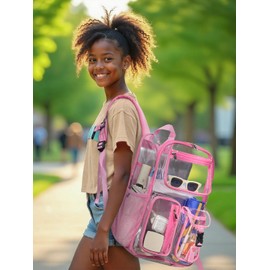 QOECI Heavy Duty Clear Backpack For School, 17 Inch Clear Bookbag For Kids Boys Girls Women Men, Large See Through Backpack With An Extra Pouch Accessories, Multi-Pockets Tranparent Bag, College, Pink