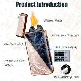 RSBYE Electric Lighters, Plasma Dragon Lighter, USB Rechargeable Lighter, Cool Windproof Flame Butane Free Lighter with LED Battery Indication for Candles, Incense, Camping(Gold Dragon)