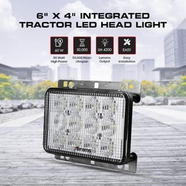 Abrams 6" x 4" Integrated Tractor LED Head Light [Rectangular 60W] 12 x 5W Cree Super Bright [4,200 Lumen] Replace OEM Tractor LED Light for JohnDeere Combine Cotton Picker Forage Harvester Windrower
