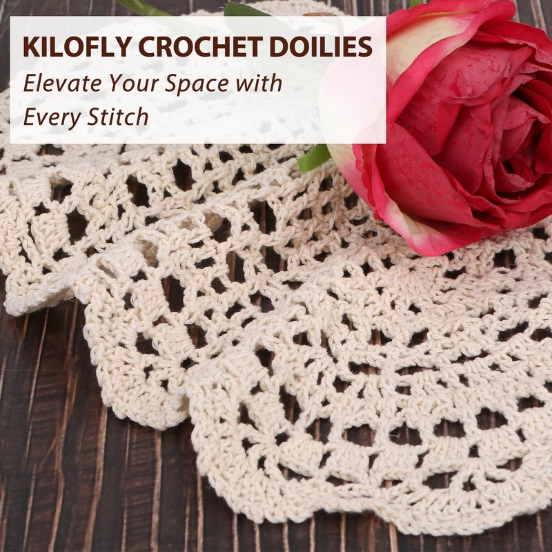 kilofly Crochet Cotton Lace Placemats Doilies 4pc, Oval, Beige, 7.8