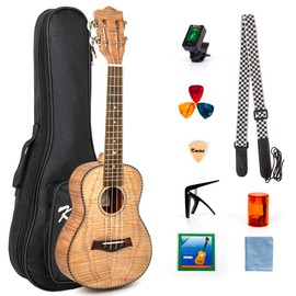 Kmise 23 Inch Concert Ukulele, Classical Headstock Hard Lightweight Okoume Ukelele, Tiger Flame Ukulele for Adult Beginners, Kids with Uke Gig Bag, Tuner, Strap, Replacement Strings, Capo Picks, etc