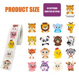 1000 Pcs Round Animal Stickers, 2 Rolls 2.5cm in Diameter Motivational Reward Stickers, 16 Designs Round Animal Stickers for School Classroom Gift Reward