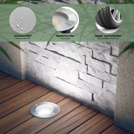 ledscom.de BOLI Recessed Floor Light for Outdoor Use, IP67, Stainless Steel, Round, 108 mm Diameter, 1x GU10 Max. 15 W, Frosted