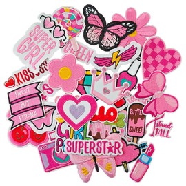 TACVEL 32 Pieces Pink Iron on Patch, Girls Iron on Patches Set, Sew On/Iron on Patch Applique for Clothes, Dress, Hat, Jeans, DIY Accessories