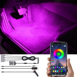 TABEN Car Ambient Lighting Kit 64 Colours Bluetooth App Control USB Car Footwell Atmosphere Light DIY 16 Million RGB Multicoloured Sound Active Music Sync Car Interior Lighting DC 12 V