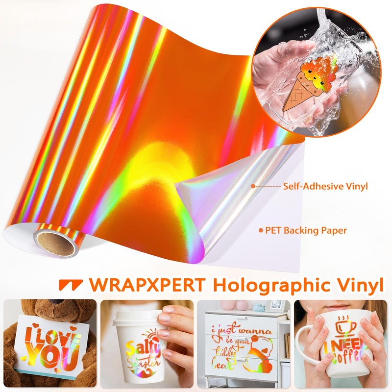 WRAPXPERT Holographic Vinyl Roll Orange, Holographic Permanent Vinyl Orange Glossy