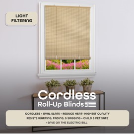 Cordless Veranda Vinyl Roll-Up Blind - 72 Inch Length, 72 Inch Width, Quarter Inch Vinyl Slats - Desert/Almond - Soft Light Filtering Horizontal Windows Blinds for Indoors by Achim Home Decor