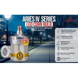 RuggedGrade Aries IV CS Series 150W LED Corn Bulb | Wattage Selectable 277-480V | 22,000 Lumens | Color Selectable 3000K/4000K/5000K | E39 Base | DLC 5.1 Premium