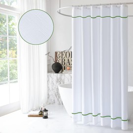 youngseahome White Shower Curtain with Oliver Green Border, Modern Chic Faux Linen Fabric Shower Curtains for Bathroom and Hotel,72 x 72 Inches