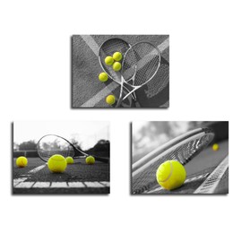 Tennis Poster Print Black and White Tennis Ball and Racket on Court Tennis Pictures Artwork Sports Painting Tennis Club GYM Wall Decor for Athletes Players (Tennis, 12x16inch x3)