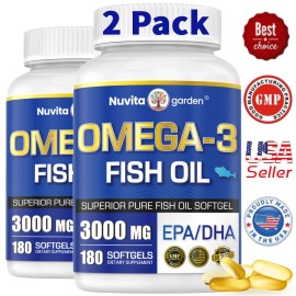 Nuvitagarden 2 Pack Omega 3 Fish Oil Supplement 3000mg,Gluten Free,360 Softgels