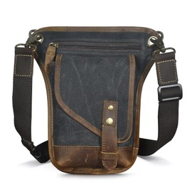 Le'aokuu Men‘s Canvas and Genuine Leather Waterproof Motorcycle Tactic Fanny Belt Waist Pack Drop Leg Thigh Cross Over Bag 211-6 (Black)