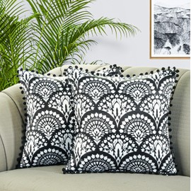 Royal Blaze Black Throw Pillow Cases Set of 2 Soft Satin Pillow Covers with Pom Pom 18x18 Inches Hidden Zipper