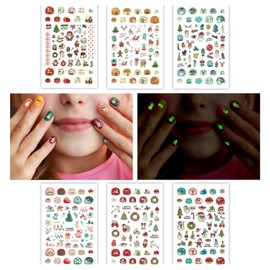 Luminous Christmas Nail Stickers for Kids Girls, Glow Self-Adhesive Nail Decals for Nail Art Decorations, Holiday Nail Stickers with Snowflakes, Xmas Tree, Santa, Snowman (6 Sheets)
