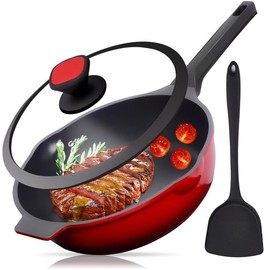 GREAGLE Nonstick Deep Frying Pan Skillet with Lid, 12 inch/ 5 QT Saute Pan with Silicone Spatula, Sauce Pan Cookware Cooking Chef Pan, Induction Compatible, Cast Aluminum Ruby Red