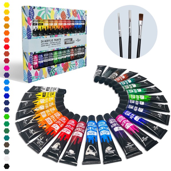 STATIONERY ISLAND Acrylic Paints for Painting Set of 24 Colours 12ml - Vibrant Acrylic Paints Perfect for Painting on Stone, Ceramic, Wood, Porcelain.