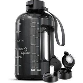 AQUAFIT Half Gallon Water Bottle with Time Marker - Straw & Chug Lid - BPA Free Gym Water Bottle with Straw - Big Gallon Jug (Gray, 64 oz - 2 Lids)