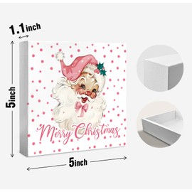 WXHUM Pink Christmas Santa Desk Decor Wooden Box Sign, Merry Christmas Santa Desk Decor Indoor, Pink Holiday Decorations for Home Office Kitchen Bathroom Shlef Tabletop, 5x5 Inch