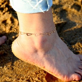 FUNEIA Anklet Gold 14K Gold-Plated Anklet for Women Gold Waterproof Adjustable Anklet for Women with Pendant Daisy Devil Eye Stone Heart Summer Glitter Boho Girls Foot Jewellery, Copper and 14K gold