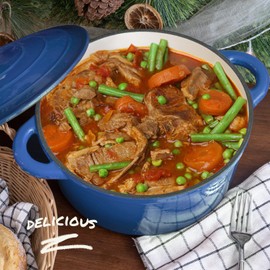 Overmont Enameled Cast Iron Dutch Oven - 5.5QT Pot with Lid Cookbook & Cotton Potholders - Heavy-Duty Cookware for Braising, Stews, Roasting, Bread Baking blue