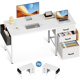 Casaottima 48" Small Computer Home Office Desk for Bedroom with Fabric Drawers & File Cabinet, Cloth Storage Bag and Hook, Writing Study Work Table for Small Space, White