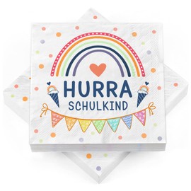 Pack of 40 Napkins for School - Hurra School Child, 33 x 33 cm - Rainbow School Decoration School Child 2025 Girls Boys, Table Decoration for First Day of School