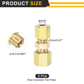 sourcing map 3Pcs Brass Compression Tube Fitting, 3/16" Tube OD x 1/4" Tube OD Connector Straight Coupling Adapter Union Fittings