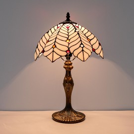 Msrzuds Tiffany Table Lamp, Stained Glass Desk Light, W12H19 Inch, Vintage Resin Base (White Plantain Leaves)