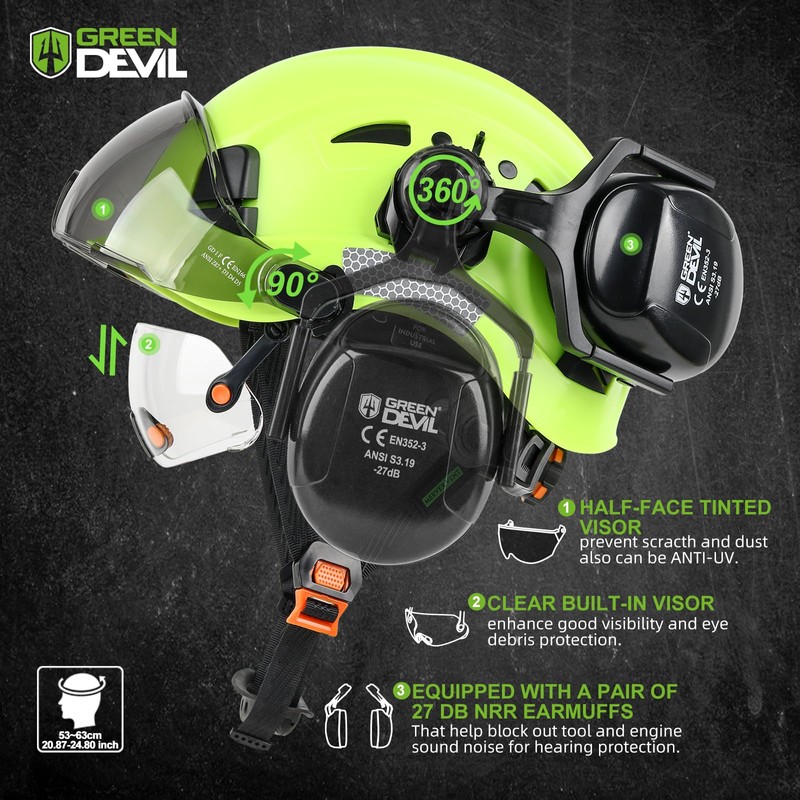 GREEN DEVIL Hard Hat Safety Helmet with Visor and Ear
