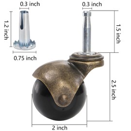 Yarlung 8 Pack 2 Inch Ball Caster Wheels with Swivel Stem, Antique Brass Casters with Mounting Stem Sleeve Socket (5/16" x 1-1/2") for Furniture Chairs Sofa Cabinets