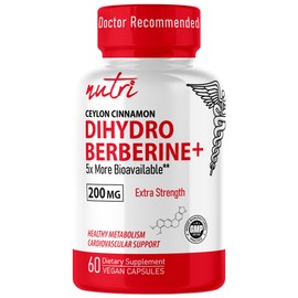 Dihydroberberine Supplement 200mg 60 Capsules - with Organic Ceylon Cinnamon, 54X More Bioavailable Than Regular Berberine HCL - Nutri Supplements Dihydroberberine 200mg - 3rd Party Tested - Vegan