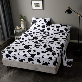 Kid Cartoon Full Bed Sheets Cow Print Sheet Set 4 Pcs Black White Milk Cow Animal Bed Sheets Set + Deep Pocket Fitted Sheets + Cartoon Flat Sheet + Decor 2 Pillow Cases Plaid Grid Toddler Boys Girls
