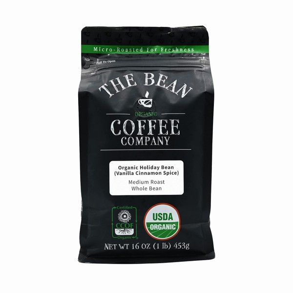 The Bean Organic Coffee Company Holiday Bean (Vanilla Cinnamon Spice), Medium Roast, Whole Bean Coffee 16-Ounce Bag