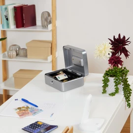 Relaxdays Lockable Cash Box, Removable Insert, 5 Compartments, Iron Money Box, H x W x D: 8.5 x 20 x 17 cm, Silver