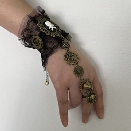 MIUNIKO Women Gothic Pirate Skull Steampunk Gear Bracelet Jewelry Accessory Wristband with Finger Ring