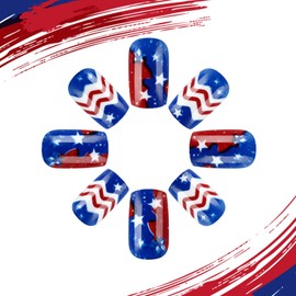 4th of July Nails Press ons Square Press on Nails Medium Fake Nails with Stars Lines Designs Glue on Nails White Blue Full Cover False Nails Independence Day Stick on Nails for Women 24 Pcs