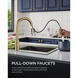 FORIOUS Gold Kitchen Faucets with Pull Down Sprayer, Kitchen Sink Faucet with Pull Out Sprayer, Fingerprint Resistant, Single Hole Deck Mount, Single Handle Copper Kitchen Faucet, Champagne Gold