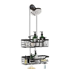 Joqixon Shower Caddy, UPGRADED Extended Length Shower Caddy Over Shower Head No Blocking to Shower Head, Rustproof Shower Organizer with Hooks Shampoo Soap Holder, Bathroom Large Hanging Shower Caddy