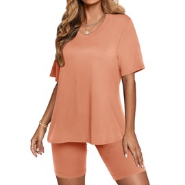 AGSEEM - Conjunto de dos piezas para mujer, cuello en V, playera de verano, pantalones cortos de motociclista, pantalones cortos de entrenamiento deportivo, Rosa (Coral Pink), L