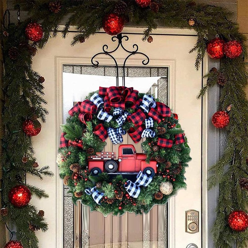 Farmhouse Red Truck Christmas Wreath Front Door Wall Hanging Decoration