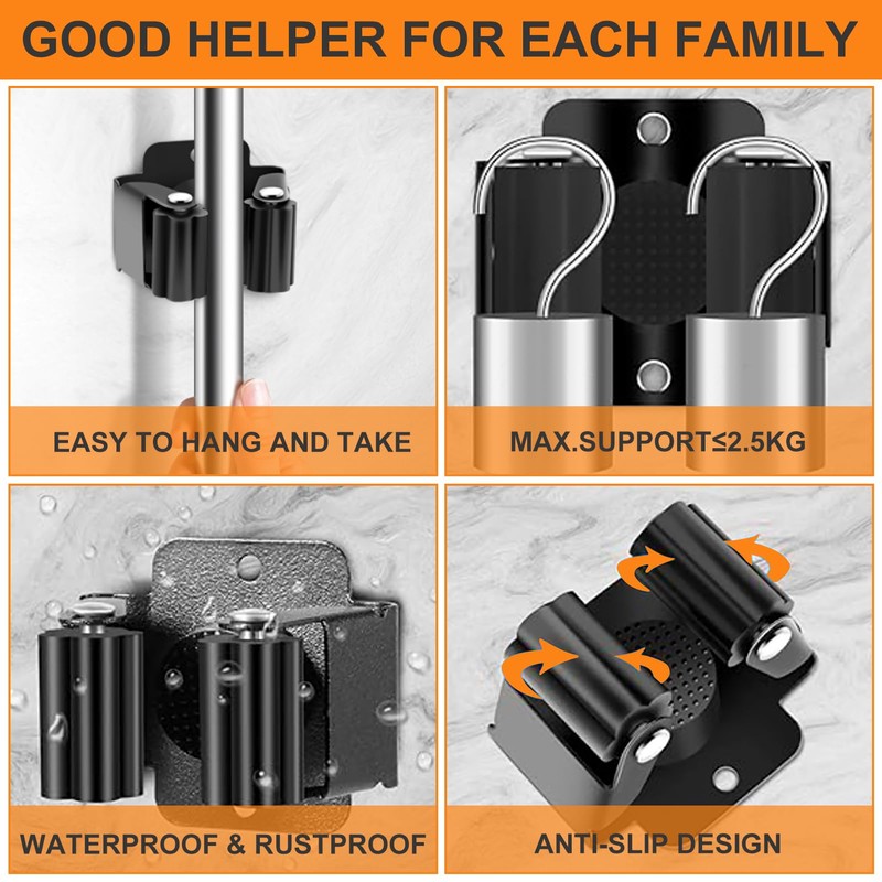 Garage Hooks, Mop and Broom Holder Wall Mounted, Stainless Steel