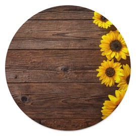 Sunflowers on The Wood Background Round Tablecloth, Fitted Table Cover with Flannel Backing Elastic Edge, Waterproof Wipeable Patio Table Cloths for Round Table 60"x60"
