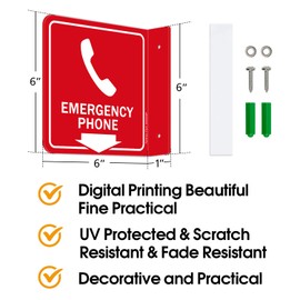 Faittoo Emergency Phone Sign, 2 Pack Emergency Phone with Down Arrow - 6 x 6 Inches Acrylic Plastic, 2 Pre-Drilled Holes, Includes Matching Screws, Use for Home Office/Business