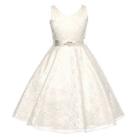 DressForLess Lovely Lace V-Neck Flower Girl Dress, Ivory, 4