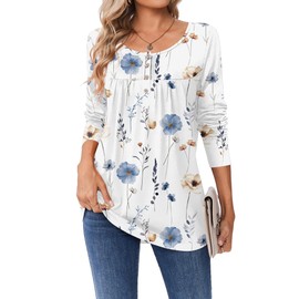 Zeagoo Women's 2025 Scooped Neck Long Sleeve T Shirts Pleated Casual Loose Fit Floral Tunic Dressy Blouse for Work