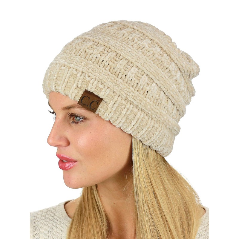 C.C Women's Chenille Soft Warm Thick Knit Beanie Cap Hat-Beige