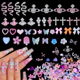 320Pcs 10Styles 3D Nail Gems and Rhinestones, Assorted 3D Nail Art Charms, Pink Planet Snake Cross Nail Rhinestones Charms, Mix Pink Butterfly Heart Bows Charms for Nails, Nail Art DIY Accessories