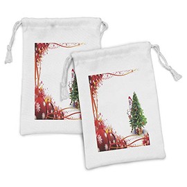 Ambesonne Santa Fabric Pouch Set of 2, Father Christmas and Reindeer Smiling Behind a Pine Tree in Red Balls Frame, Small Drawstring Bag for Toiletries Masks and Favors, 9" x 6", Multicolor
