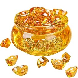 Feng Shui Golden Treasure Basin and About 30 PCS Ingot Yuan Bao, 3In Crystal Glass Treasure Basin Good Luck Wealth Prosperity Figurine for Feng Shui Decor, Home Office Decor Chinese Gifts