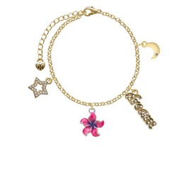 Delight Jewelry Silvertone Hot Pink and Purple Plumeria Flower - Goldtone Dream Big Charm Bracelet, 7.5+2" Extender